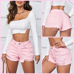 Light Pink Distressed Denim Shorts- SHEIN